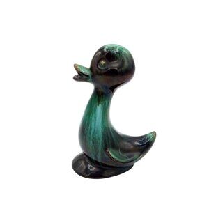 Ceramic Duck Vintage Figurine Green Black Glazed 5.25 Inches Baby Duckling